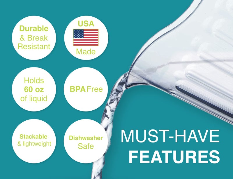 Arrow Home Products Clear Plastic Pitcher, 60 Ounce - Space-Saving Stackable Design - Fill with Ice Water, Beer or Juice - Ideal for Bars and Restaurants - Made in the USA, BPA Free, Dishwasher Safe - Image 3